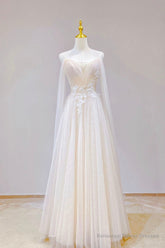 Champagne Tulle Long Prom Dress, Lovely Lace Formal Evening Dress